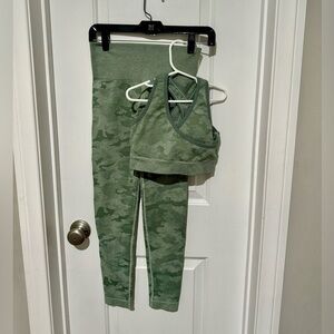 Small (but fits like XS) green camo leggings and sports bra set
